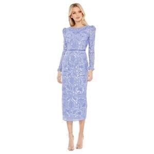NWT MAC DUGGAL 93595 Periwinkle Floral Sequin Embellished Puff Sleeve Midi Dress